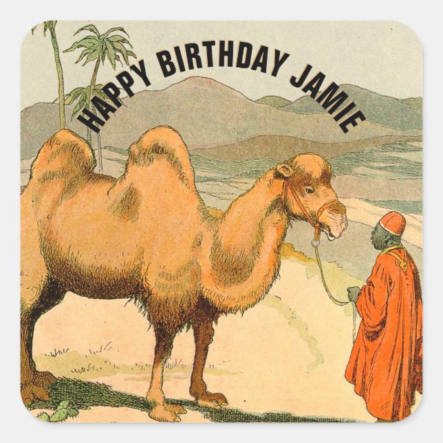 Happy Birthday Camel Illustrated Square Sticker (Front)