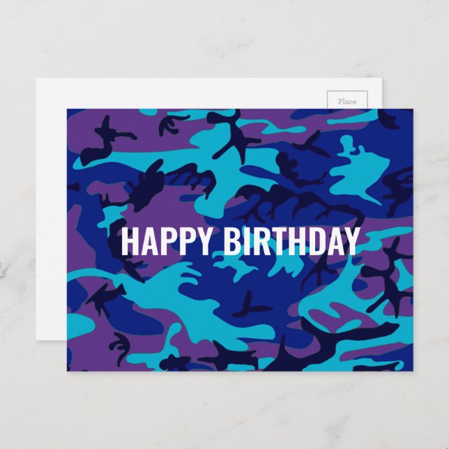 Happy Birthday Camouflage Dark Blue & Purple Postcard (Front/Back)