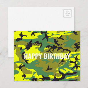 Happy Birthday Camouflage Yellow Green Abstract Postcard