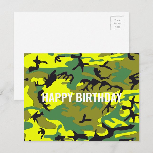 Happy Birthday Camouflage Yellow Green Abstract Postcard (Front/Back)