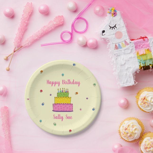 Happy Birthday Candle Colourful Cake Confetti Part Paper Plate (Party)