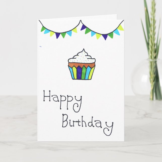 Happy birthday card - cheerful cupcake and bunting (Front)