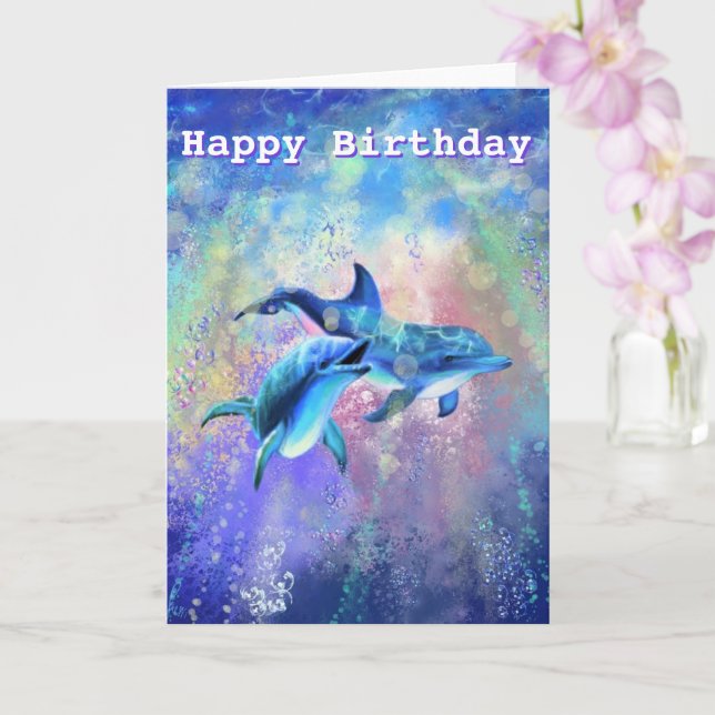 Happy Birthday Card Dolphin Couple - Customisable (Orchid)