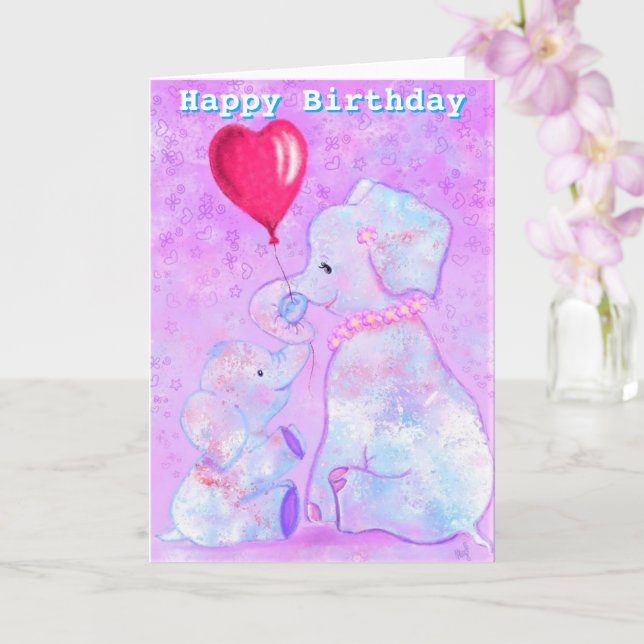 Happy Birthday Card Elephant Mum and Baby (Orchid)