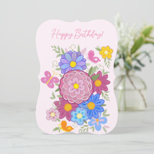 Happy Birthday! card flowers butterfly and birds 