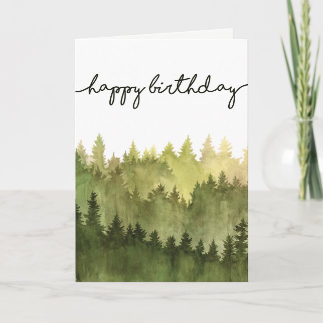 Happy Birthday Card for Him, Watercolor Pine Trees (Front)