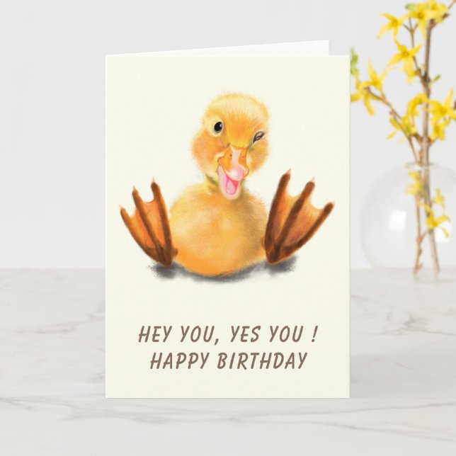 Happy Birthday Card Funny Yellow Duck Playful Wink (Yellow Flower)