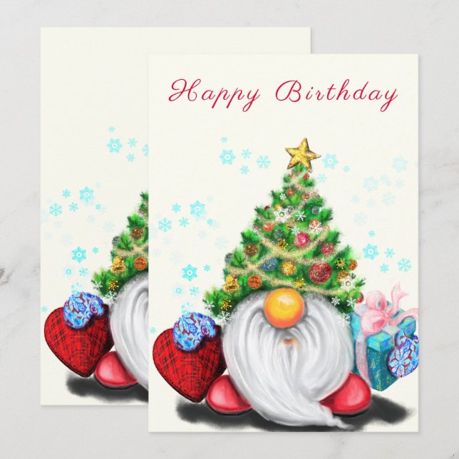 Happy Birthday Card Gnome with Christmas Tree Hat (Front/Back)