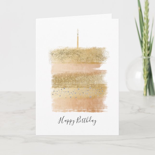 Happy Birthday Card, Gold Sparkly Birthday Cake Thank You Card (Front)