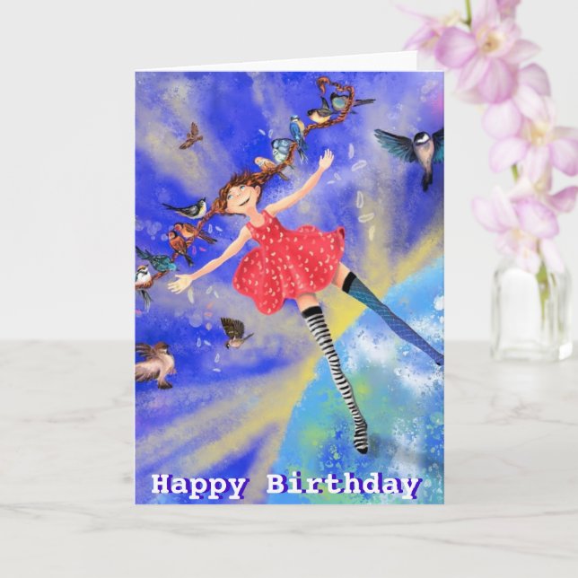 Happy Birthday Card Happy Girl with Birds (Orchid)