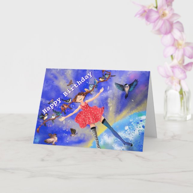 Happy Birthday Card Happy Girl with Birds (Orchid)
