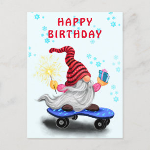 Happy Birthday Card Happy Skater Gnome with Gifts