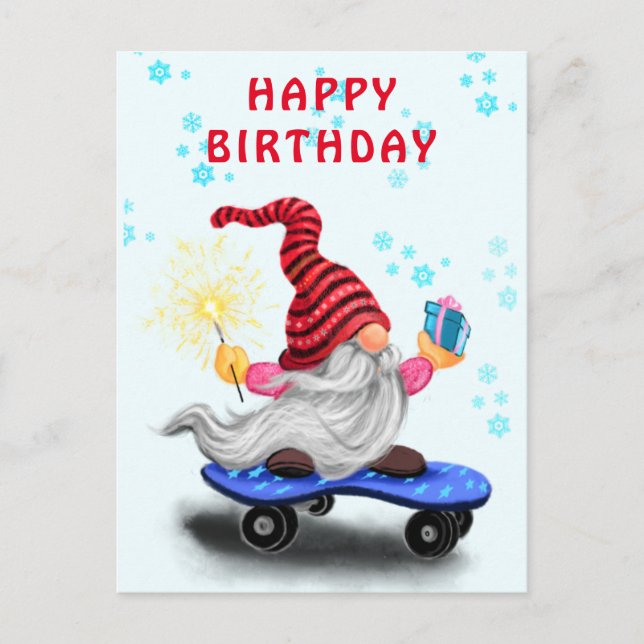 Happy Birthday Card Happy Skater Gnome with Gifts (Front)