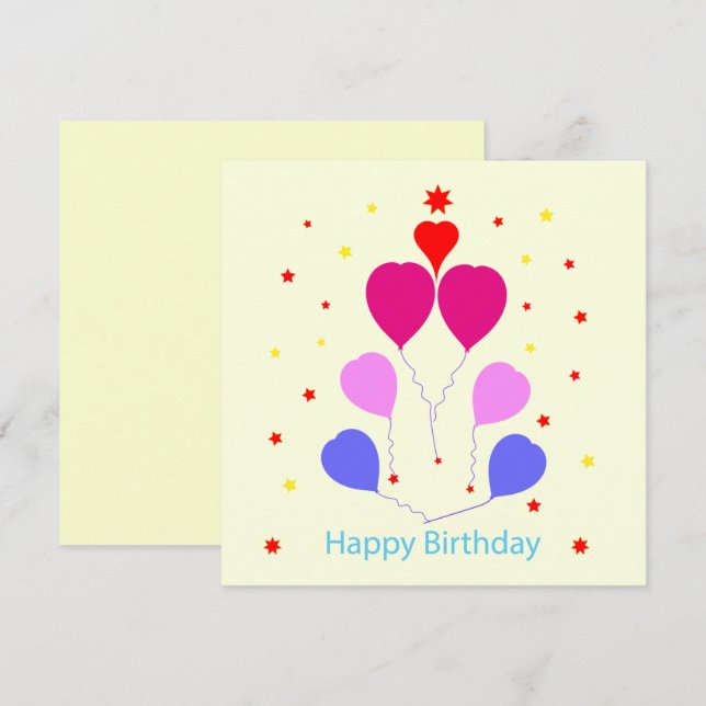 Happy Birthday Card Heart Shaped Balloons Stars (Front/Back)