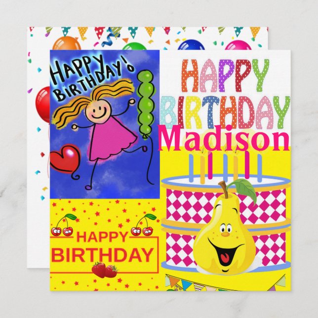 Happy Birthday Card Invitation Cake Pear Fruit (Front/Back)