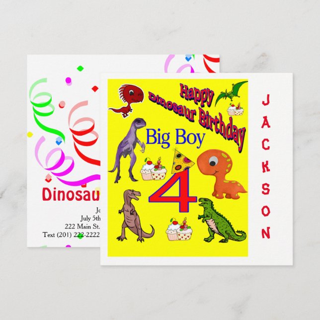 Happy Birthday Card Invitation Dinosaur (Front/Back)