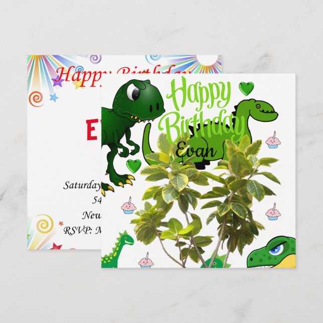 Happy Birthday Card Invitation Dinosaur (Front/Back)
