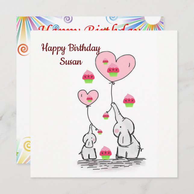 Happy Birthday Card Invitation Elephant (Front/Back)