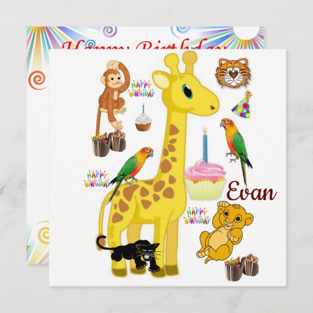 Happy Birthday Card Invitation Giraffe Monkey (Front/Back)