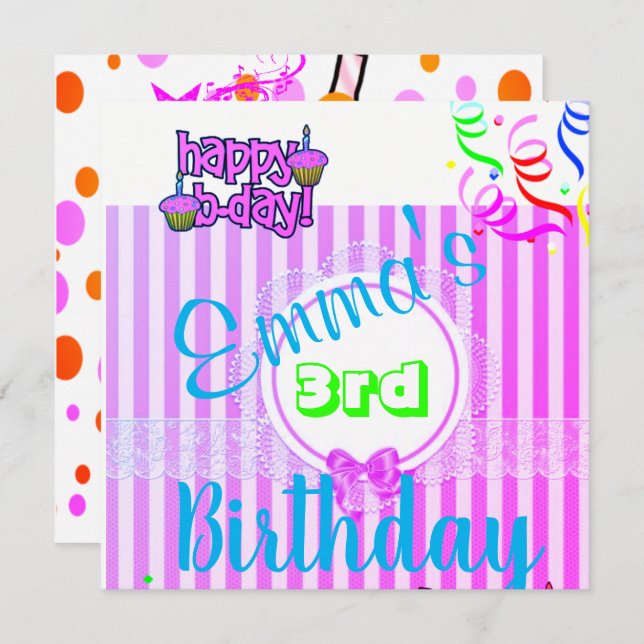 Happy Birthday Card Invitation Purple Stripe Polka (Front/Back)