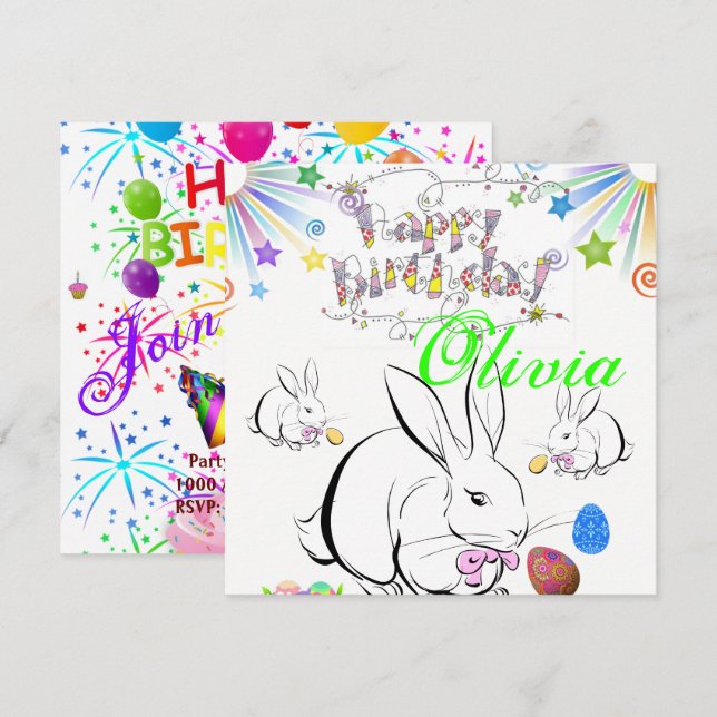Happy Birthday Card Invitation Rabbit (Front/Back)