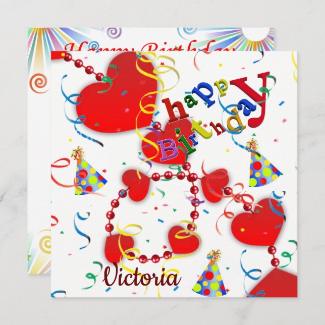 Happy Birthday Card Invitation Red Hearts (Front/Back)