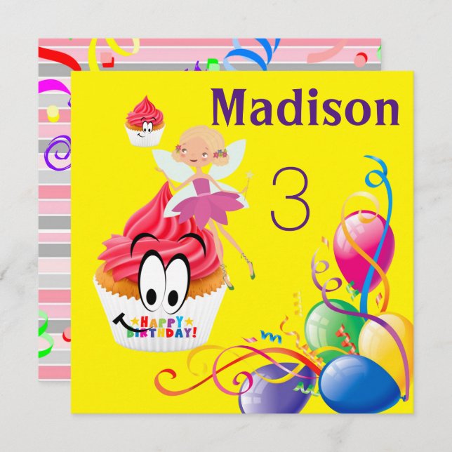 Happy Birthday Card Invitation Stripe FairyCupcake (Front/Back)