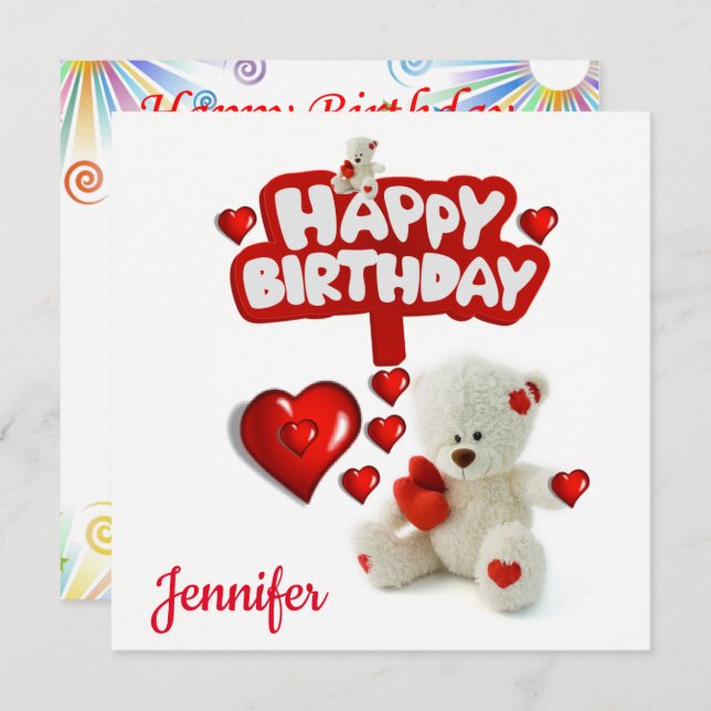 Happy Birthday Card Invitation White Teddy Bear (Front/Back)