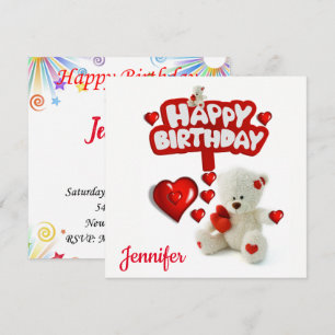 Happy Birthday Card Invitation White Teddy Bear