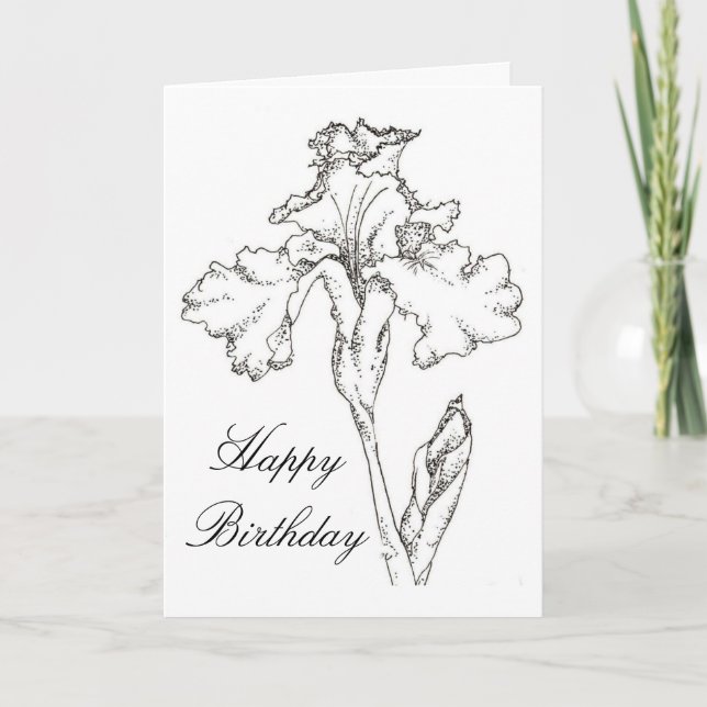Happy Birthday Card Iris Spring Flower Drawing (Front)