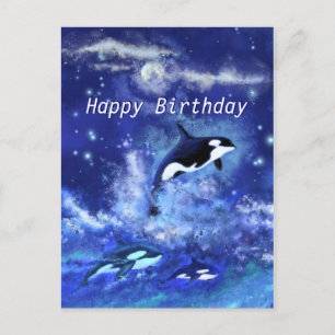 Happy Birthday Card Killer Whales on Full Moon
