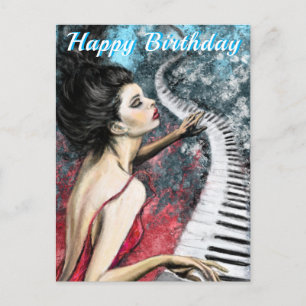 Happy Birthday Card Piano Music Lady in Red