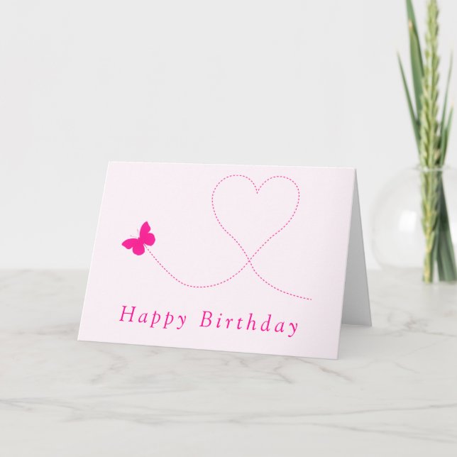 Happy Birthday Card Pink Butterfly Flying - Heart (Front)
