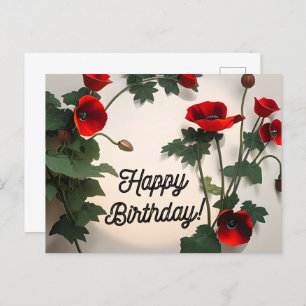 Happy Birthday Card, Poppies flowers,  Postcard