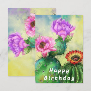 Happy Birthday Card Purple Pink Red Cactus Flowers