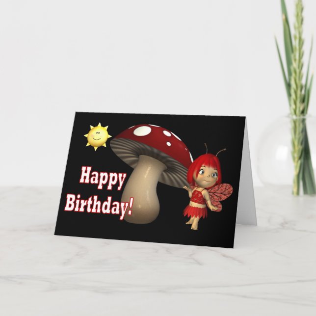 Happy Birthday Card Red Fairy mushroom with sun (Front)