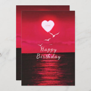 Happy Birthday Card Red Sea Sunset Love Heart Sun