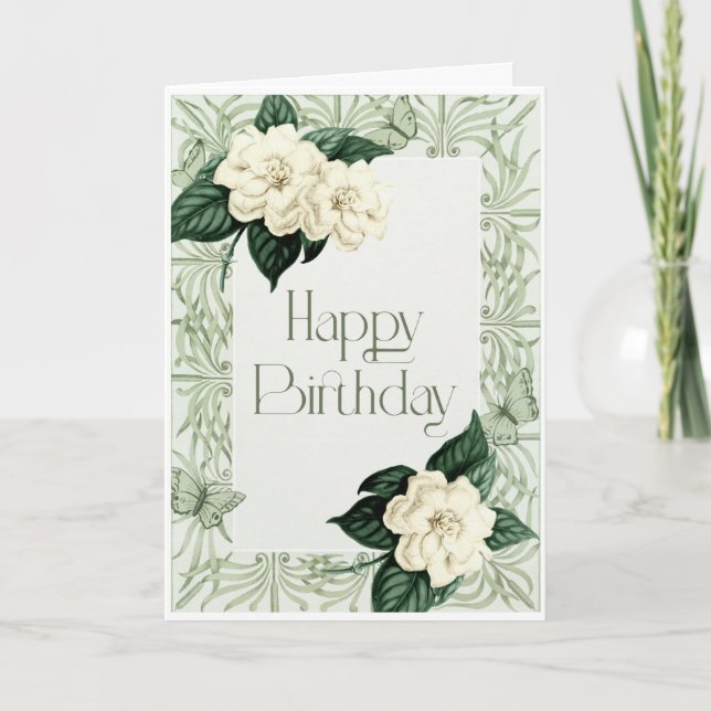 Happy Birthday Card Sage Green and Ivory Florals (Front)