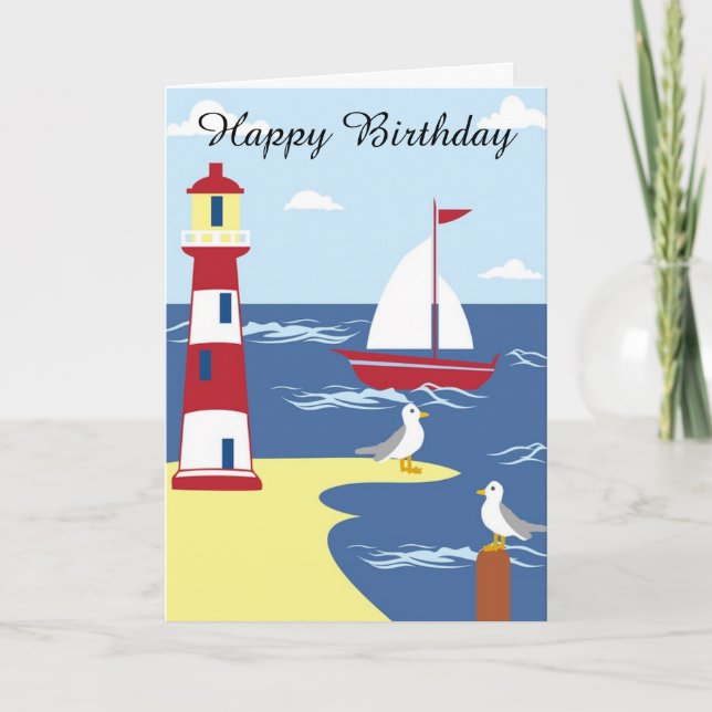 Happy Birthday Card Sailboat and Lighthouse (Front)