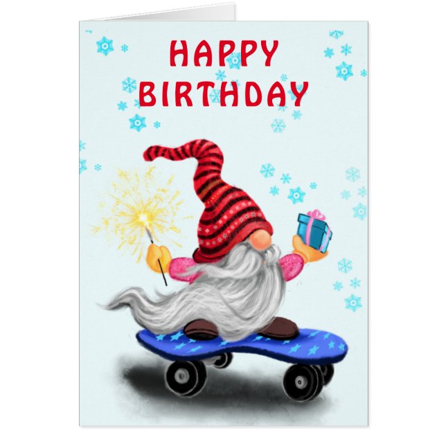 Happy Birthday Card Skater Gnome with Gifts (Front)