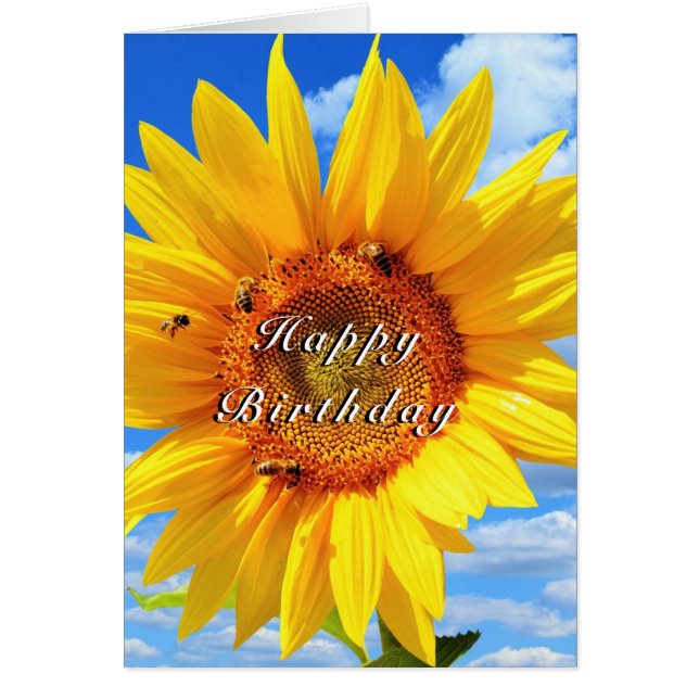 Happy Birthday Card Sunflower and Bees on Blue Sky (Front)