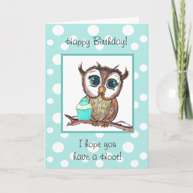 Happy Birthday Card, Watercolor Owl and Cupcake Card (Front)
