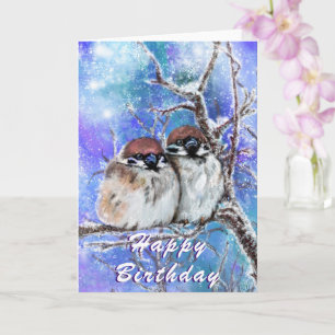 Happy Birthday Card Winter Sparrows Couple Hug