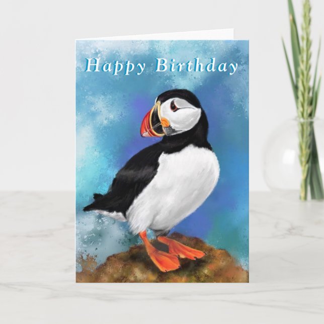Happy Birthday Card with Atlantic Puffin Bird (Front)