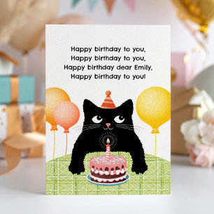Happy Birthday card with cat, cake and candle