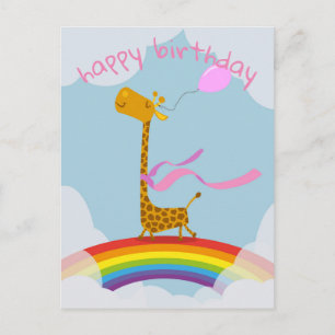 Happy Birthday card with giraffe on rainbow