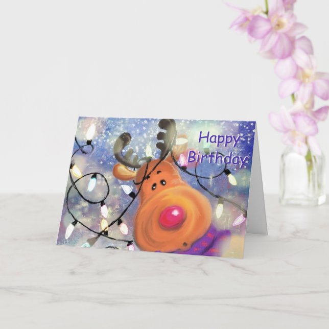Happy Birthday Card with Happy Reindeer - Funny (Orchid)