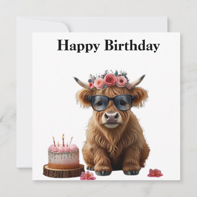 Happy Birthday Card With Highland Cow. Funny Card (Front)
