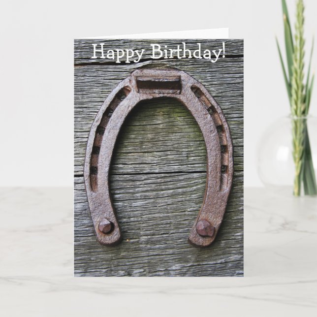 Happy Birthday Card with Horseshoe on Wood (Front)