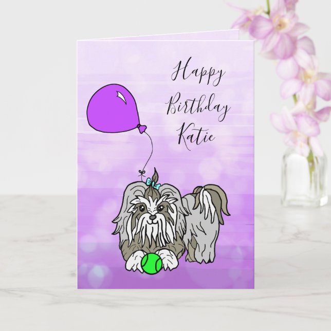 Happy Birthday Card with Lhasa Apso Shih Tzu (Orchid)